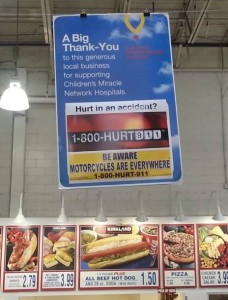 Motorcycle awareness advertising "BE AWARE MOTORCYCLES ARE EVERYWHERE®" at COSTCO by Long Island Motorcycle Accident Lawyers