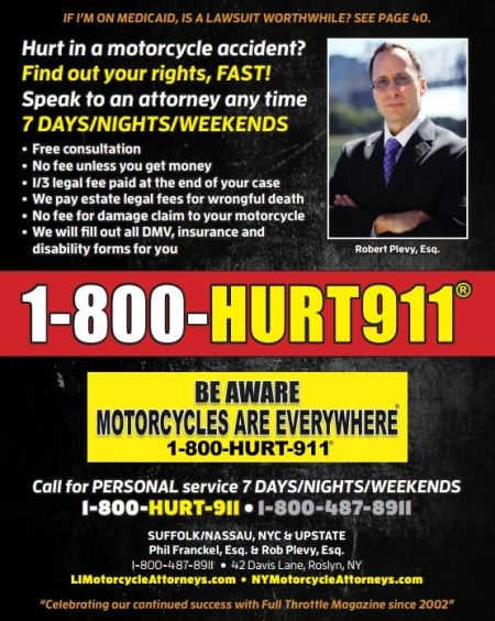 Motorcycle magazine ad for Long Island Motorcycle Accident Lawyers Franckel & Plevy, LLP